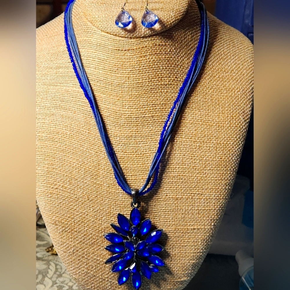 Blueberry Flower Pendant Statement Multistrand Necklace Earrings Set